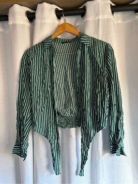 DYNAMITE // Green and White Striped Button-Up Shirt